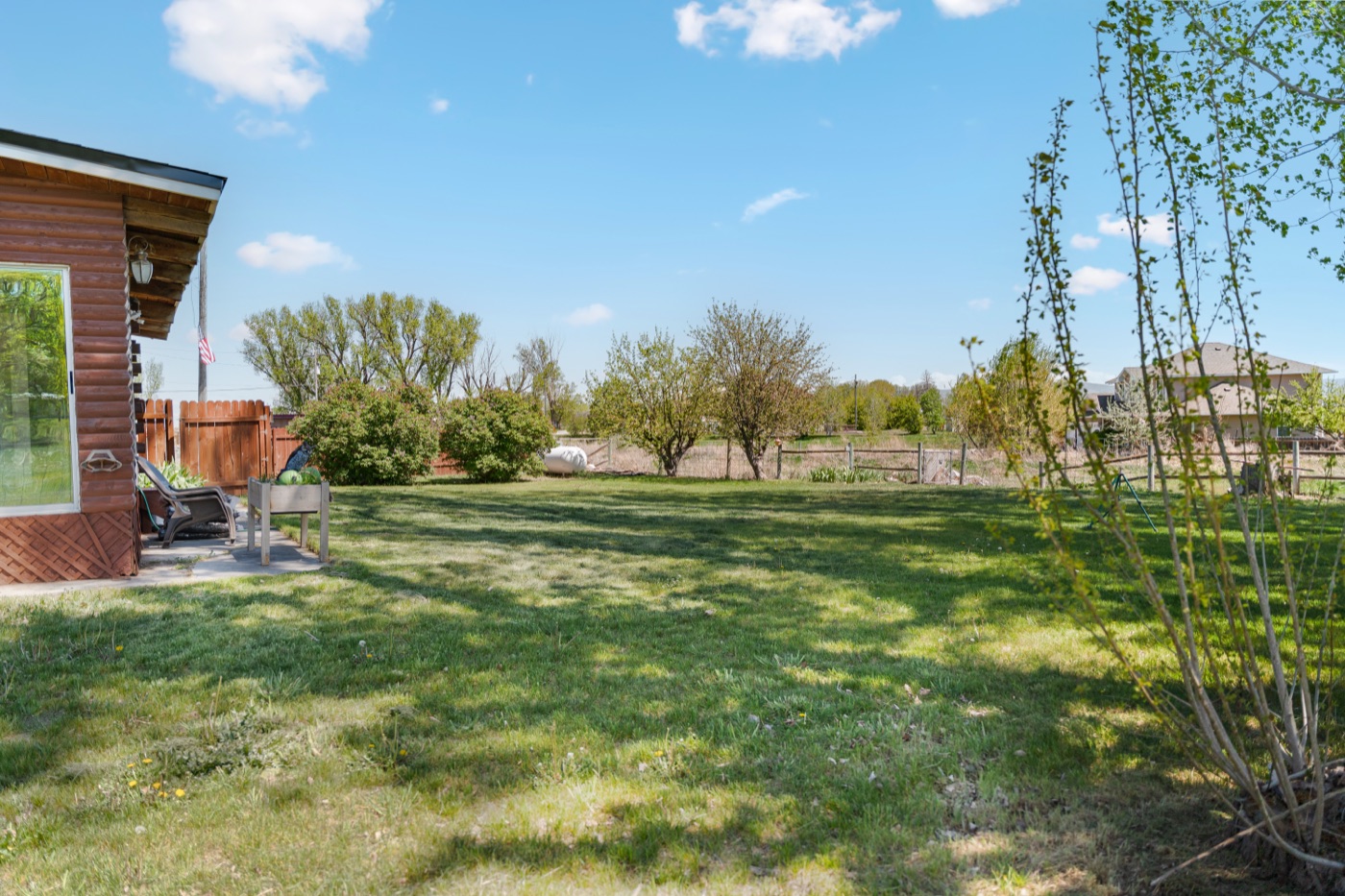 Wide back yard with mature trees and open space